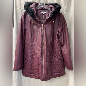 Susan Graver. Hooded coat / Maroon/ XL/  Zip Up /Faux Leather/ Faux Fur Hood
